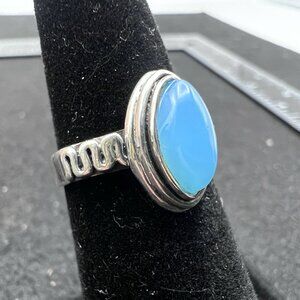 Vintage Sterling Silver Blue Chalcedony Modernist Ring Signed Size 6